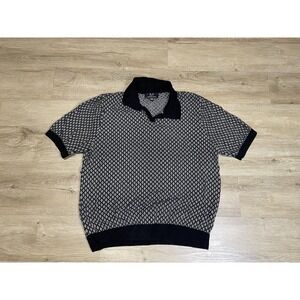 Magaschoni Mens Sz XL Knit Polo Shirt Geometric Short Sleeve Casual Black Retro